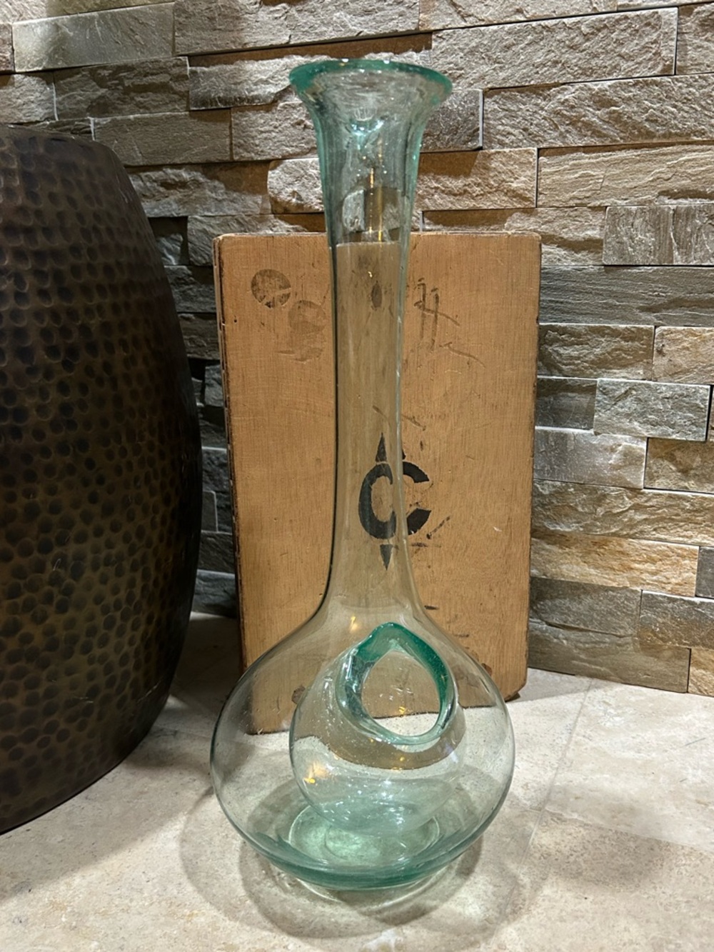 Vintage Recycled Handblown Glass White Wine Carafe with Ice Pocket